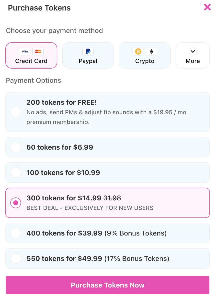 Example of token purchase on a cam site