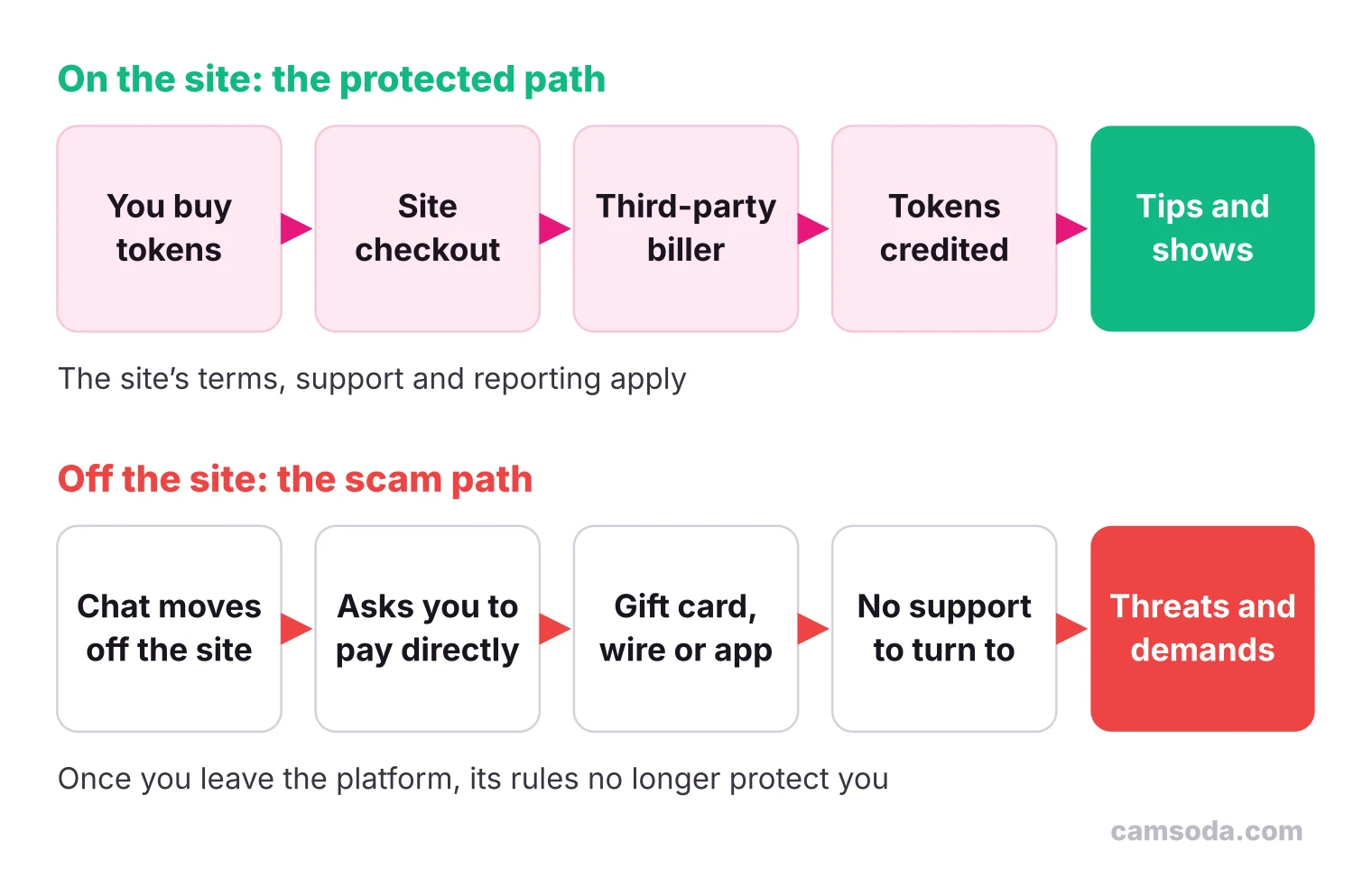 Two payment paths: tokens bought through a site checkout and third-party biller, versus a chat moved off site that ends in threats